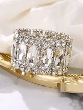 Elegant Crystal Double Row Rhinestones Marquise Cluster Stretch Bangle Bracelet